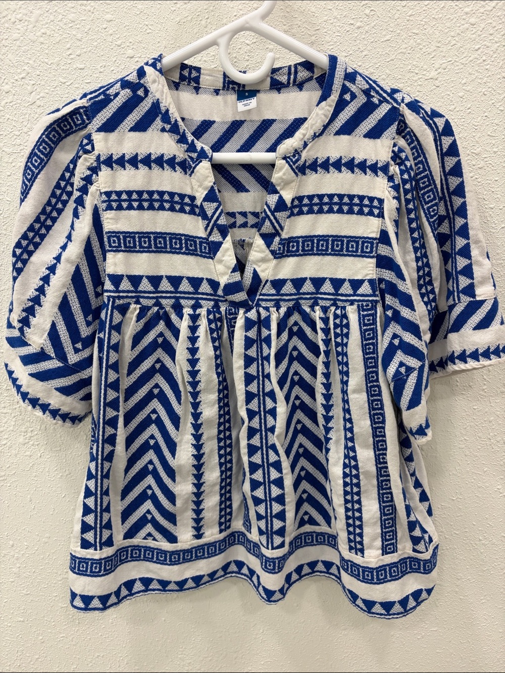 Old Navy Blue and White Geometric Peasant Blouse